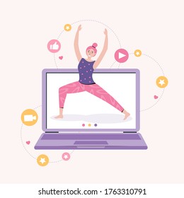 Online Yoga With Instructor At Home. Personal Sports Training. Fitness Blog And Workout App Concept. Women Blogger Shows A Fitness Exercise. Active Lifestyle And Sports Training. Vector Illustration