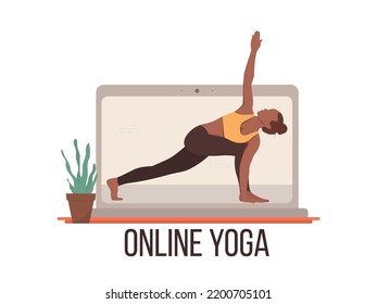 Online Yoga. A Yoga Instructor Teaches Yoga From A Laptop Screen. Online Education Concept. Vector Illustration