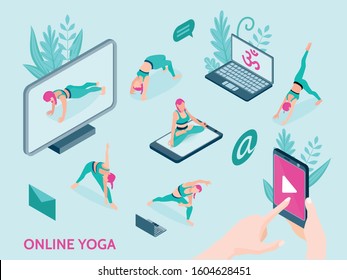 Online yoga isometric icons with people doing exercises using video in smartphone and computer isolated vector illustration