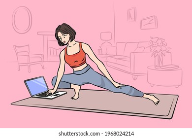 Concepto de clase de yoga en línea. Joven personaje de dibujos animados positivos mirando la pantalla de un portátil y haciendo clases de yoga en casa, solo en forma remota, ilustraciones vectoriales 
