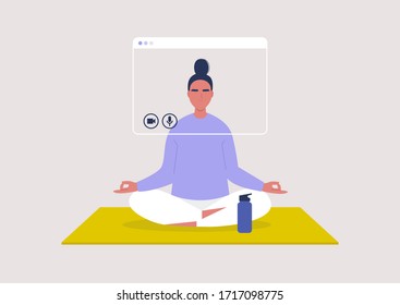 Online yoga lesson, meditation tutorial, stay at home order, young female character sitting in a yoga position