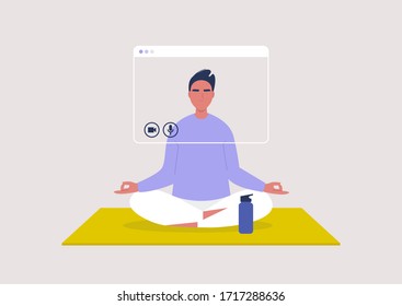 Online yoga lesson, meditation tutorial, stay at home order, young male character sitting in a yoga position