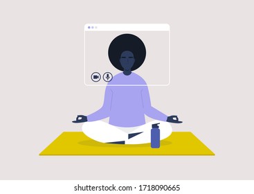 Online yoga lesson, meditation tutorial, stay at home order, young black female character sitting in a yoga position