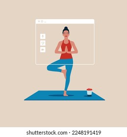 Online yoga lesson and  meditation. Woman costs in a yoga position. Flat vector illustration.