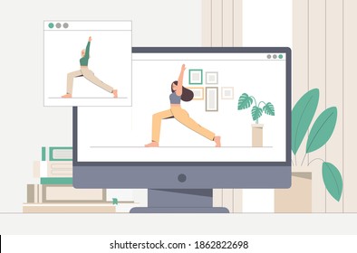 Online yoga lesson on screen pc or laptop. Women cartoon character practicing yoga and fitness in home. Flat style vector illustration.