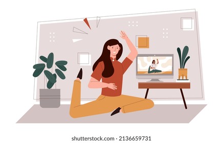 Online yoga lessons concept. Young smiling woman watches video course and performs physical exercises at home with instructor. Sports and active lifestyle. Cartoon modern flat vector illustration