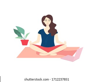 Online Yoga And Meditation Concept. Woman Sitting At Home And Meditate Using Her Laptop. Vector Flat Cartoon Illustration For Banner, Flyer, Poster.