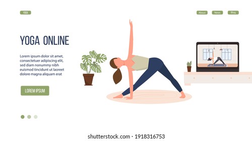 Online yoga practice. Banner design. Vector illustration
