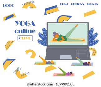 Online yoga. practice girl shows the exercise on the video while a group of people repeats the instructions. watch online classes via tablet or laptop. flat. vector web illustration.  web banner