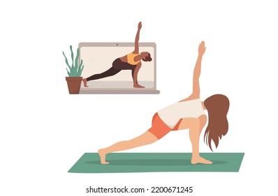 Online yoga practice. Woman in a yoga pose exercising online with a laptop. Vector illustration