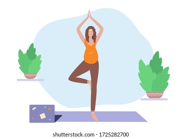 Online yoga for pregnant women. Stay healthy and fit during pregnancy and quarantine. Remote fitness lessons. Indoor sport with internet classes. Vector illustration in flat style.