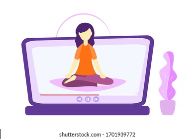 Técnicas de relajación de yoga en línea ilustración vectorial. Mujer sentada en posición de yoga y gozar de calma, armonía y paz. Medicina alternativa para un estilo de vida saludable y la realización del alma