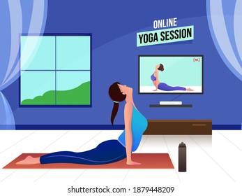 Online Yoga Session Concept With Young Woman Practicing Bhujangasana At Home During Coronavirus.