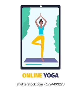 Online yoga and sport at home concept. Doing excercises with a mobile app. Stay healthy and fit during coronavirus epidemic and quarantine. Vector illustration of a woman teaching yoga via internet.