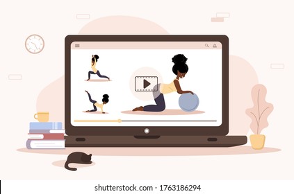 Online yoga and sport at home concept. Doing excercises with a mobile app. Stay healthy and fit during epidemic and quarantine. Vector illustration of african woman teaching yoga via internet.
