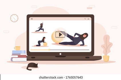 Online yoga and sport at home concept. Doing excercises with a mobile app. Stay healthy and fit during epidemic and quarantine. Vector illustration of arab woman in hijab teaching yoga via internet.