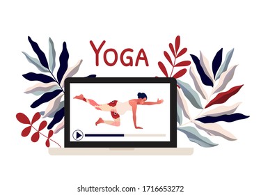 Online yoga training for pregnant. Stay at home. Lockdown. Covid-2019 quarantine. Woman practicing yoga exercise on laptop screen. Modern flat design concept of web page. Vector illustration