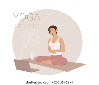 Online yoga vector template for advertising brochure, website, teaching, courses and online yoga training. Woman in yoga clothes sitting in lotus position and studying or teaching yoga on laptop