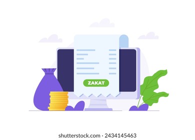 Online zakat payment concept, Pay zakat using a desktop concept. Cartoon Flat Vector illustration for banner, website, landing page, flyer.
