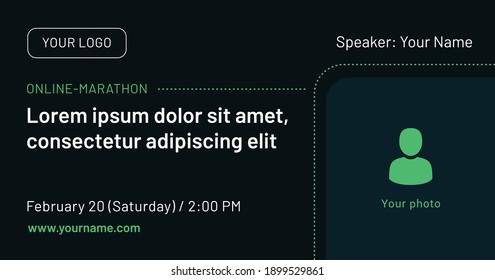 Online-marathon Banner With Image And Contact Data On A Dark Background. Green Vector Template For Webinar, Conference, Invitation, Flyer, Meetup, Party, Event, Poster