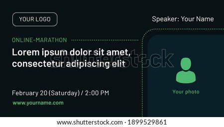 Online-marathon banner with image and contact data on a dark background. Green vector template for webinar, conference, invitation, flyer, meetup, party, event, poster