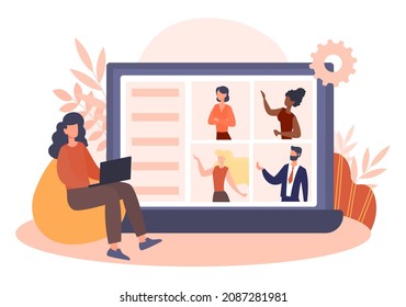 Onlne meeting concept. Girl sits in front of monitor. Characters communicate via video conference. Company meeting, colleagues, friends. Modern technologies, internet. Cartoon flat vector illustration