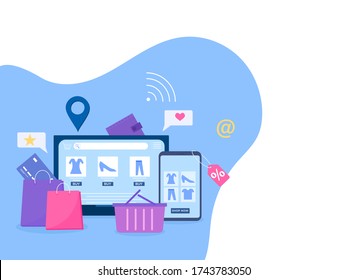 Onlne Shopping from Laptop and Smartphone with Percentage Tag, Location Pin, Wifi Connection, Wallet, Carry Bags and Payment Card on Abstract Background.