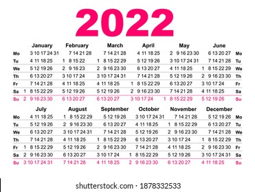 Only 2022 calendar simple template grid. First day of week monday. Isolated on white vector illustration