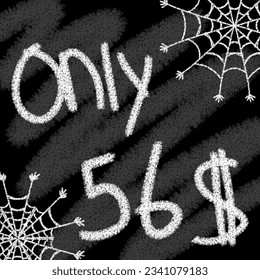 Only 40 41 42 43 44 45 46 47 48 49 50 51 52 53 54 55 56 57 58 59 60 61 62 63 64 65 66 67 68 69 dollar banner with typographic style chalk and blackboard helloween with spider web 
