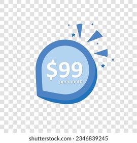 ¡Sólo $99 al mes! Botón 3D aislado en el fondo transparente de la rejilla 