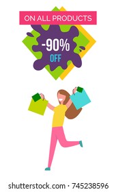 Only all products -90% off, image of happy and excited woman with raised hands and bags in her hands vector illustration isolated on white