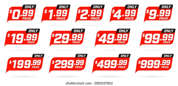 Only cheap price and sale discount product item sticker set. Retail promotion marketing material design with clearance information. Vector illustration isolated on white background