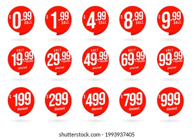 Solo precio barato en usd y etiqueta especial de descuento. Conjunto de etiquetas de venta al por menor o marca de precio de tienda con diferente valor monetario. Ilustración del vector aislada en fondo blanco