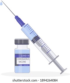 The only effective coronavirus vaccine. Glass ampoule with medicine and syringe. Timely vaccination against Covid-19. Protection against viruses and disease. Health care concept. Vector illustration.