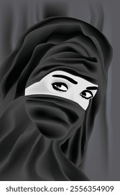 Only the eyes and upper face of a woman are visible as she poses in a black robe and hood.