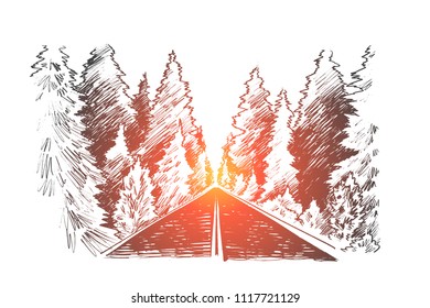 Only forward concept. Hand drawn road and forest, forward movement isolated vector illustration.