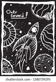 Only forward. Vector illustration of forward movement on the example of a rocket flying in open space among unknown planets.