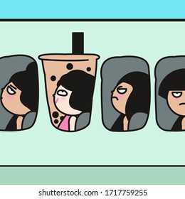 Only A Girl Looking Happy Through A Cup Of Bubble Milk Tea 's window. The Rest Of Passengers Looking Upset Through Airplane's Window, View From Outside Concept Card Character illustration