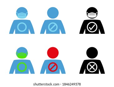 Only in mask enter. Warning and attention icon sticker. The human face is protected from virus. Facemask required while on the premises. The mask must be worn in shops or public spaces. Vector