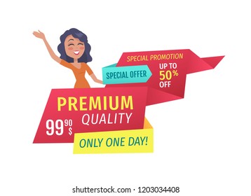 Only one day special offer for premium quality products geometrical banner. Shop clearance sale event promotion poster with waving shopaholic girl.