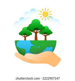 Only one earth environment concept design. Hand-holding world with tree, cloud, sun. Save the world. Vector illustration.