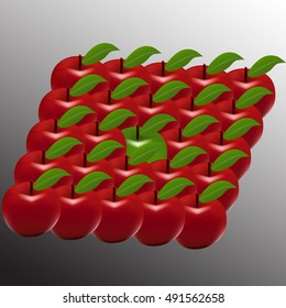 Only one green apple of the many red apples.