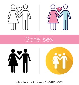 Only one partner icon. Girlfriend and boyfriend. Woman and man in love. Safe sex. Partner, lover. Monogamy for healthy sexlife. Flat design, linear and color styles. Isolated vector illustrations