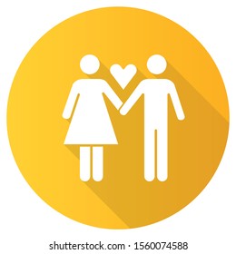 Only one partner yellow flat design long shadow glyph icon. Girlfriend and boyfriend. Woman and man in love. Safe sex. Partner, valentine. Monogamy for healthy sexlife. Vector silhouette illustration