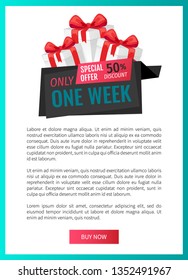 Only one week, price reduction , shop clearance label web page template vector. Best shop offer, saving money. Present box with bow, goods promotion gift