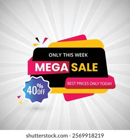 Only This Week Mega Sale 40% off Abstract Banner Design Vector Illustration. Mega Sale Poster Or Discount Tag For Web Media And Market. Mega Sale creative Black and yellow Gradient banner illustration