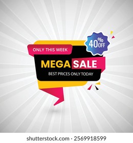 Only This Week Mega Sale 40% off Abstract Banner Design Vector Illustration. Mega Sale Poster Or Discount Tag For Web Media And Market. Mega Sale creative Black and yellow Gradient banner illustration