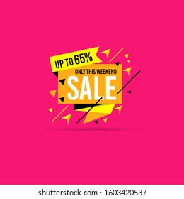 Only this Weekend Flash sale, discount up to 65% off. Vector illustration concept for promotion. Flat style in yellow color and isolated on pink background. Fashion and travel discount poster template