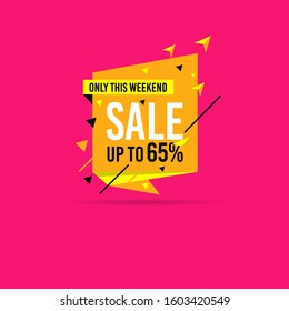 Only this Weekend Flash sale, discount up to 65% off. Vector illustration concept for promotion. Flat style in yellow color and isolated on pink background. Fashion and travel discount poster template