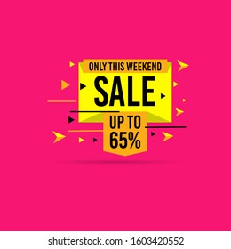 Only this Weekend Flash sale, discount up to 65% off. Vector illustration concept for promotion. Flat style in yellow color and isolated on pink background. Fashion and travel discount poster template